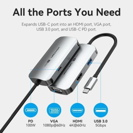 Docking USB Tipo-C Vention TQAHB/ 1xHDMI/ 1xUSB/ 1xVGA/ 1xUSB Tipo-C PD/ Gris