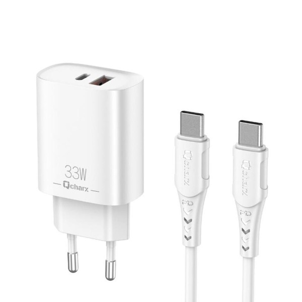 Cargador qcharx eros 3a 33w 1 x usb tipo a - 1 x usb tipo c blanco  cable usb tipo c