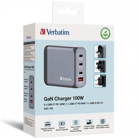 Cargador de Pared Universal Verbatim GNC-100/ 3xUSB Tipo-C/ 1xUSB/ 100W