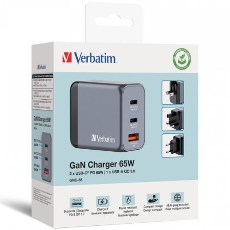 Cargador de Pared Universal Verbatim GNC-65/ 2xUSB Tipo-C/ 1xUSB/ 65W