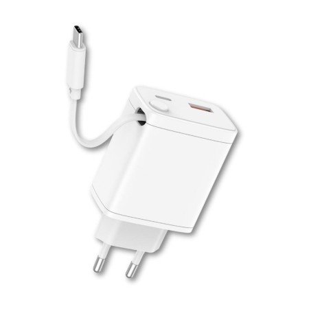Cargador qcharx juno 3a 20w 2 puertos usb  tipo c  cable tipo c blanco incorporado