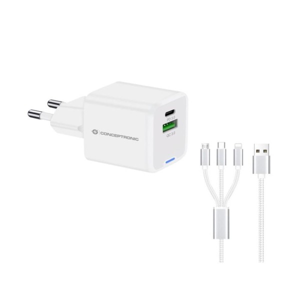 Cargador de pared conceptronic althea16w 33w  cable usb 3.0 3 en 1 blanco
