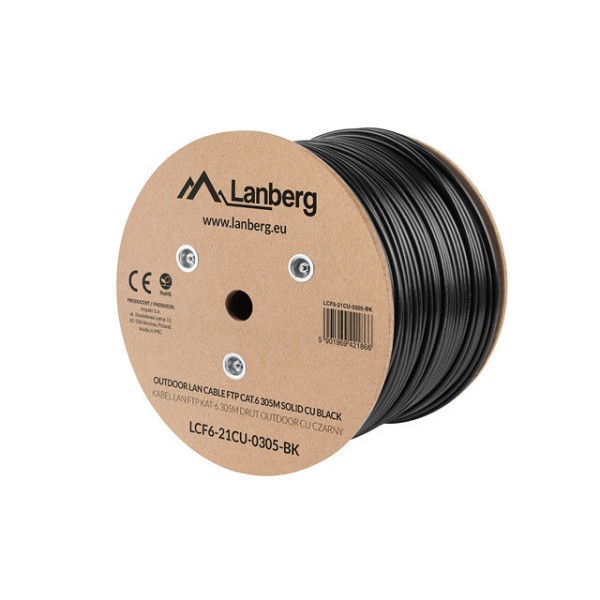 Bobina para exterior lanberg cat.6 ftp rj45 solido cobre fluke tested awg23 305m negro