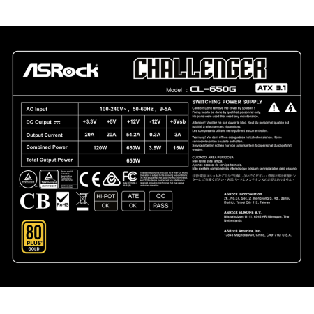 Fuente alimentacion asrock challenger cl - 650g gaming atx 650w negra